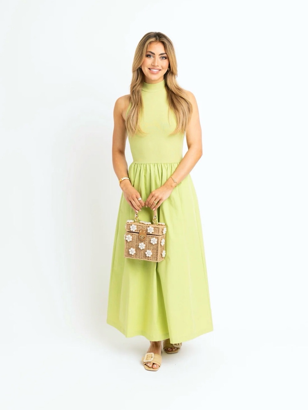 Karlie Sleeveless High-Neck Lime Green Maxi Dress